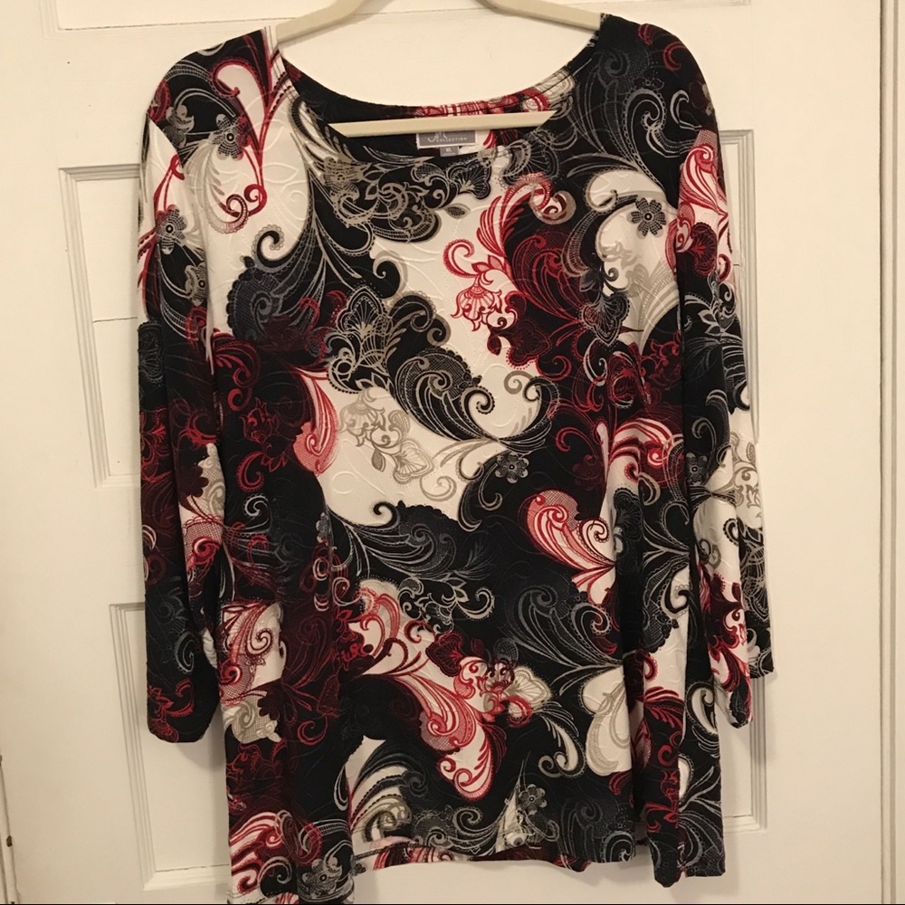 JM Collection XL White Blk Red Floral Paisley Top